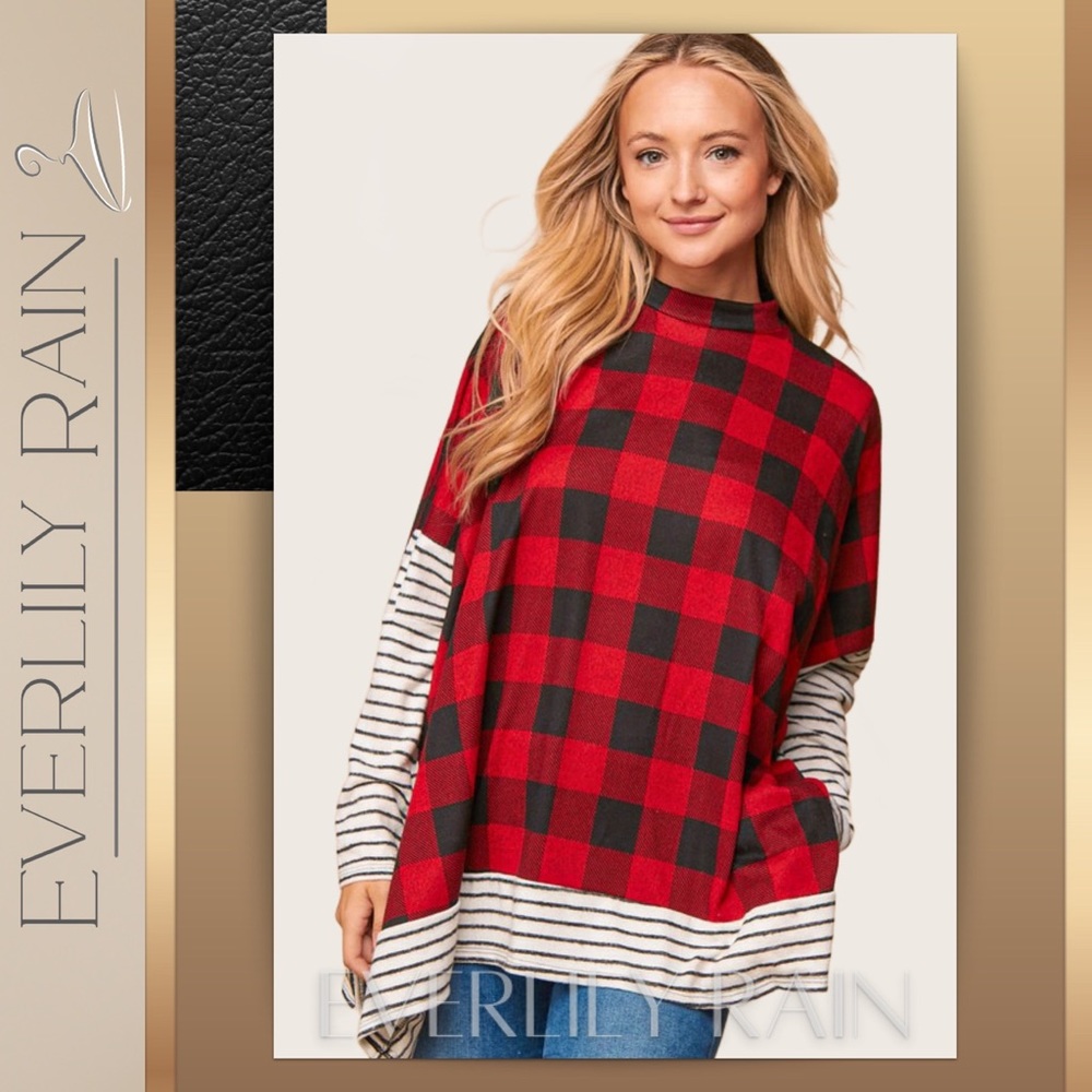Plaid & Striped Poncho Style Sweater - Picture 3 of 12